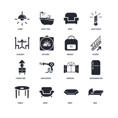 Set Of 16 icons such as Bed, Sofa, Table, Refrigerator, Lamp, Elegant, Furniture, Weight icon