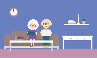 Flat design cartoon illustration of grandfather and grandmother sitting on sofa, reading newspaper and knitting sweater. With a purple wall with clock and a candleholder in the background, vector