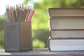 book stack background table wooden outdoor