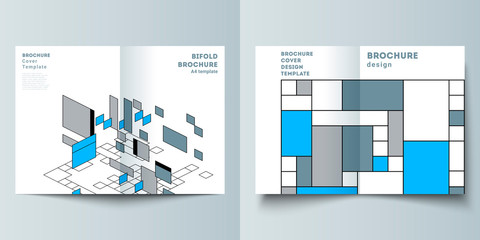 The vector layout of two A4 format modern cover mockups design templates for bifold brochure, flyer, booklet. Abstract polygonal background, colorful mosaic pattern, retro bauhaus de stijl design.