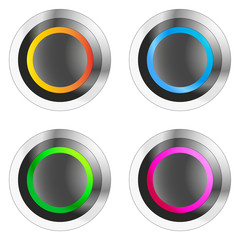 Set of circular metallic push buttons with colored light - Vector illustration