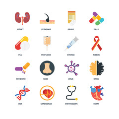 Set Of 16 icons such as Heart, Stethoscope, Cardiogram, Dna, Brain, Kidney, Pill, Antibiotic, Syringe icon