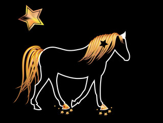 Black Arabian horse with Golden mane on Christmas night among sparkle stars.