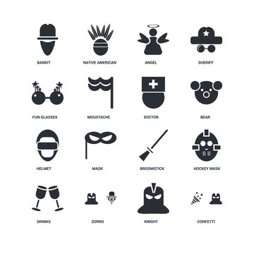 Set Of 16 icons such as Confetti, Knight, Zorro, Drinks, Hockey mask, Bandit, Fun glasses, Helmet, Doctor icon
