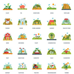 Set Of 25 icons such as Farmer, Microorganism, Tractor, Nutrition, Harvest, Healthy food, Conservation, Chemistry, Meat, Fodder, Honeycomb, Pig icon