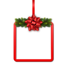 Greeting card with red frame, fir garland and bow on white background. Christmas holiday template for a business card, banner, poster, notebook, invitation with copy space