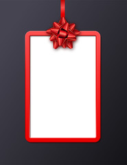 Greeting card with red frame, ribbon and bow on black background. Template for a business card, banner, poster, notebook, invitation