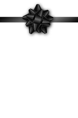Holiday gift card with black ribbon and bow on white background. Template for a business card, banner, poster, notebook, invitation
