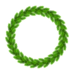 Realistic Christmas wreath from fir tree branches. Template for a banner, poster, invitation