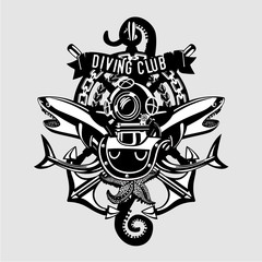 Diving club vintage emblem. Vector sign with retro scuba.