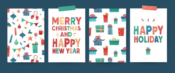 Design greeting card for Merry Christmas. Collection postcard for New Year holiday with gift box pattern and christmas elements.  Set simple trendy template xmas invitation. Vector