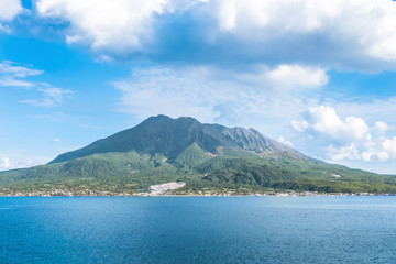 Sakurajima mountain, sea and blue sky background, Kagoshima, Kyushu, Japan