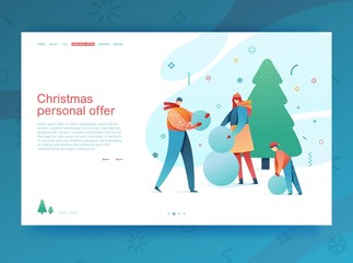 Design winter holidays landing page template. Merry Christmas and Happy New year website layout. Flat people family characters making a snowman. Trendy illustration for christmas offer banner. Vector