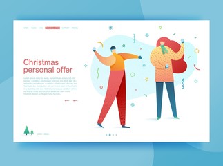 Design template website for Merry Christmas time. Layout web page for new year offer, winter season. Trendy flat girl and man character play snowballs.  Modern holiday vector  concepts couple people