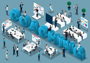 Isometric cartoon people vector, 3d businessmen, concept of training staff, coach on demand teaches, staff at lecture, great word coaching vector illustration