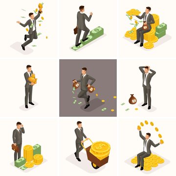 Isometric cartoon people, 3d businessmen, a set of concepts with a businessman and a bunch of money, an investor millionaire rich man for vector illustrations