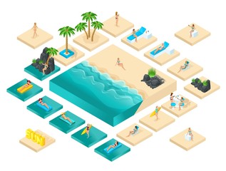 Isometric cartoon vector people, 3d girl in swimsuit, set for creating her beach with beautiful sea waves bright summer vector illustration