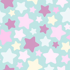 Seamless abstract pattern with cute stars of different pastel colors. Baby blue background. Nice and