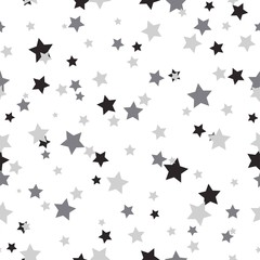 Seamless abstract pattern with little sharp black and grey stars on white background.