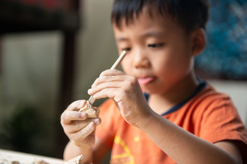A young boy digging educational fossil in the garden