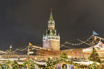 Decoration of the Moscow Red Square at last days of 2018 year. Spasskaya tower image.  It's main...