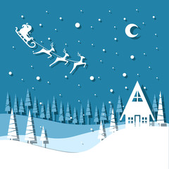 Vector illustration greeting card for winter holidays. Santa Claus with reindeers and sleigh on night sky. Trees and house. Paper cut out style. Blue colors.  