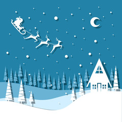 Fototapeta premium Vector illustration greeting card for winter holidays. Santa Claus with reindeers and sleigh on night sky. Trees and house. Paper cut out style. Blue colors. 