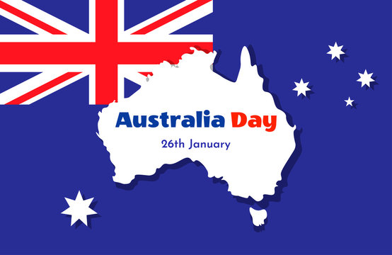 Vector illustration card with map and silhouette if Australia. Template for Australia Day. 26th January