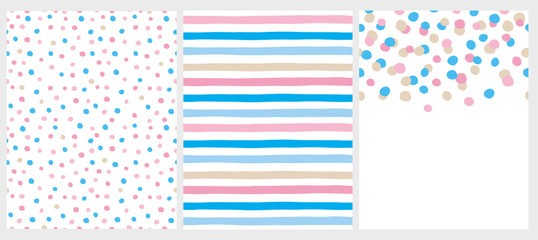 Cute Abstract Vector Patterns and Layout. Beige, Blue and Pink Round Shape Falling Confetti. White Background. Pink, Blue and Beige Dots and Stripes Design. Cute Infantile Style Patterns.