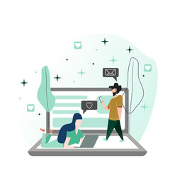 Vector illustration in a flat style. A man with a beard who looks at a mobile phone and writes a letter to a girl with a laptop is both on a laptop computer.