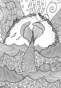 Mermaid tail on the waves. Seaside, sun, sea, art background. Hand-drawn doodle vector. Zentangle style. Black and white vector illustration.