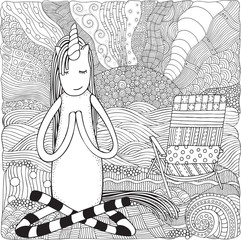unicorn in yoga easy pose. coloring book page. Deckchair on a beach. Zentangle style. Black and white doodle coloring book page for adult and children. vector sketch