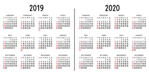Calendar 2019 and 2020. Week starts on Sunday.