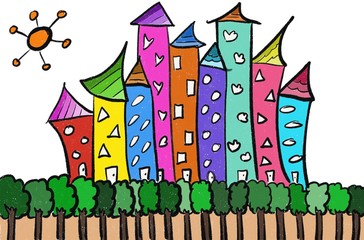 Obraz premium colorful hand draw digital illustration of urban city building with green forest