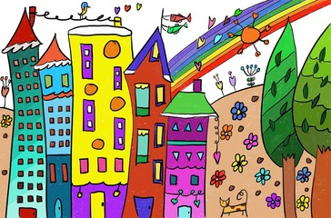 paint like digital paint illustration doodle art of urban city with flower hill 