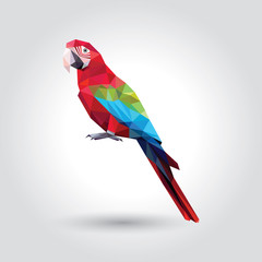 Red Macaw with green and blue wings low polygon isolated on white background, colorful parrot bird modern geometric icon, pet crystal design illustration.