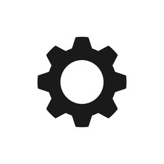 Black isolated icon of cogwheel on white background. Silhouette of gear wheel. Flat design. Settings.