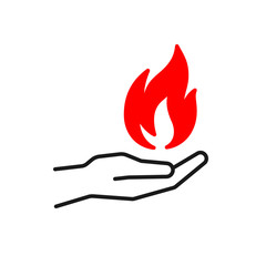 Black isolated outline icon of flame in hand on white background. Silhouette of red fire and black line hand. Flat design. Symbol of healing.