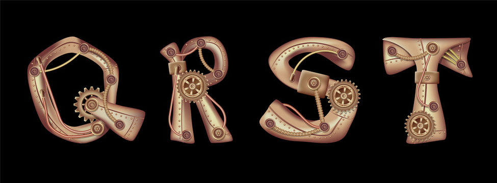 Symbols of the Latin alphabet Q R S T. The letters of the English language. Copper and brass steampunk mechanisms with tubes, gears and rivets. Freely editable isolated on black background.