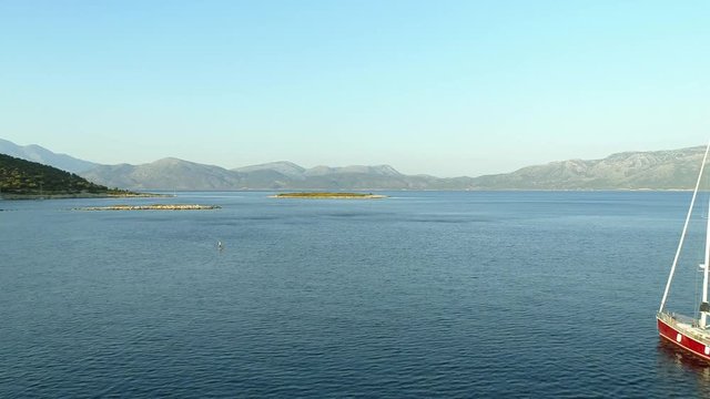 Aerial view of group of boats anchored in the mediterranean sea, Kastos island.