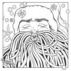 Cartoon Santa. Coloring book page for adult and children. Black and white.