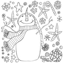 Cheerful snowman and snowflakes. Winter, snow, sled, carrot. Merry Christmas, Happy New Year. Pattern for adult coloring book. Black and white.