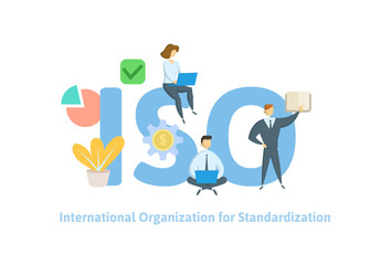 ISO standart, International Organization for Standardization. Concept with people, letters, and icons. Colored flat vector illustration on white background. - obrazy, fototapety, plakaty