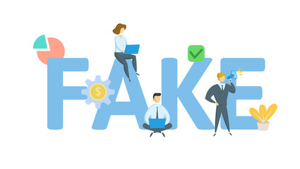 FAKE. Concept with keywords, letters, and icons. Colored flat vector illustration. Isolated on white background.