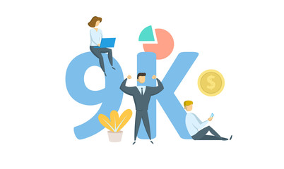 9K likes, followers online social media banner. Concept with keywords, letters, and icons. Colored flat vector illustration. Isolated on white background.