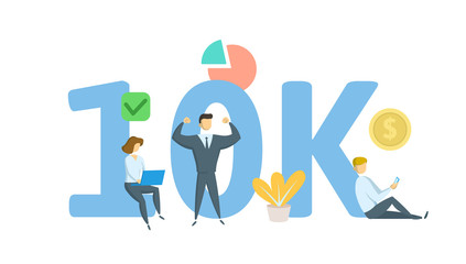 10K likes online social media banner. Concept with keywords, letters, and icons. Colored flat vector illustration. Isolated on white background.