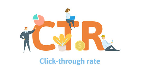 CTR, click trough rate. Concept with keywords, letters, and icons. Colored flat vector illustration. Isolated on white background.