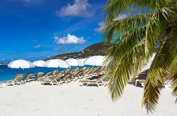 Fototapeten  beach chairs and  white umbrellas on caribbean island Sint Maarten © elvirkin