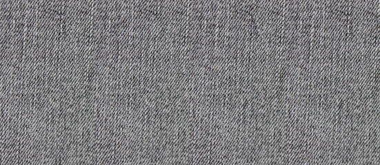Grey Jeans Texture Background of Seamless Empty Denim Fabric, Close Up Top View Banner. Blank Gray Jean Fabric Backdrop, Empty Simple Cloth Canvas. Fashion Fabric Layout of Empty Grey Color Wallpaper