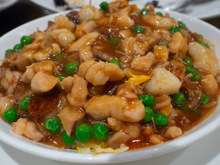 Fried rice topped with minced beef in special curry sauce in Hong Kong restaurant popular menu people like to order